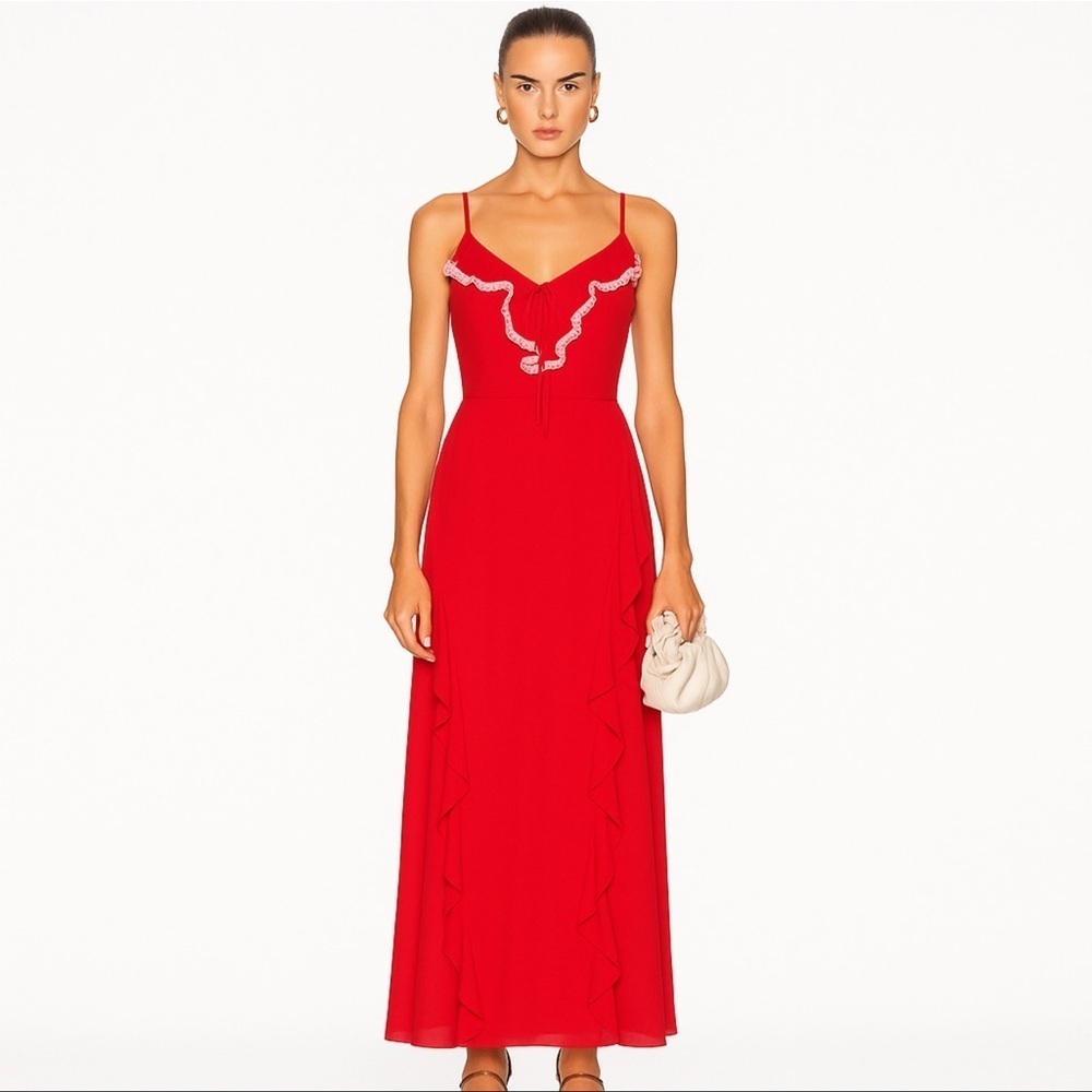 Tularosa Red Maxi Dress with Ruffle Trim Small
